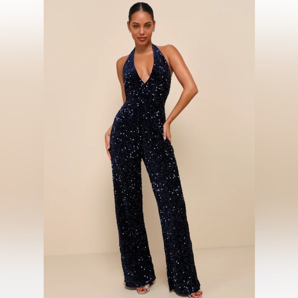 Lulu's Navy Sequin Halter Jumpsuit
